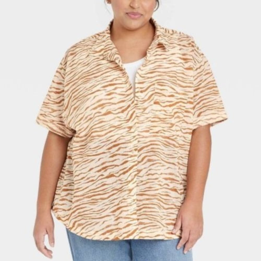 NEW! Ava & Viv Tiger Stripe Short Sleeve Collared Button Up Blouse Size 1X